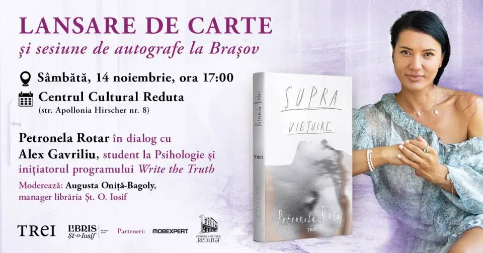 Petronela Rotar lansează „Supraviețuire” acasă, la Brașov: întâlnire pe 14 noiembrie, la Centrul Cultural Reduta
