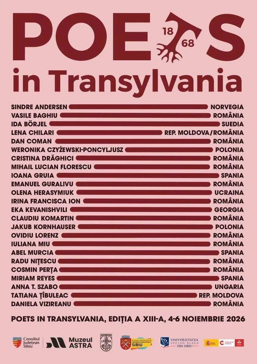 Afișul ediției a 13-a a festivalului Poets in Transylvania (4–6 noiembrie 2026)