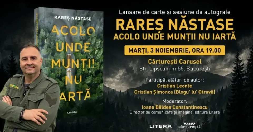 Rareș Năstase debutează cu thrillerul „Acolo unde munții nu iartă”: lansare pe 3 noiembrie, la Cărturești Carusel