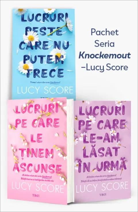 Coperta cărții Pachet Seria „Knockemout” – Lucy Score. Lucruri peste care nu putem trece (Vol. 1)/Lucruri pe care le ținem ascunse (Vol. 2)/Lucruri pe care le-am lăsat în urmă (Vol. 3)