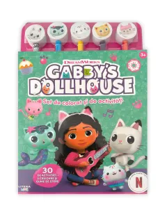 Coperta cărții Gabby's Dollhouse. Set de colorat si de activitati. 30 de activitati + 5 creioane si gume de sters