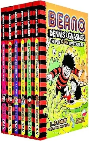 Coperta cărții Beano Dennis & Gnasher Series Books 1 - 6 Collection Set (Super Slime Spectacular, Abominable Snowmenace, Little Menace's Great Escape, Bogeyman of Bunkerton Castle & MORE!)