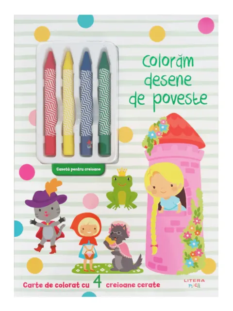 Coperta cărții Coloram desene de poveste. Carte de colorat cu 4 creioane cerate