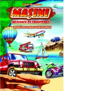 Coperta cărții Masini - Mijloace de transport. Carte de colorat scrisa cu litere mari de tipar