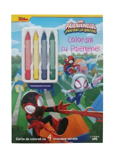 Coperta cărții Marvel. Paienjenelul si prietenii lui uimitori. Coloram cu Paienjenel. Carte de colorat cu 4 creioane cerate