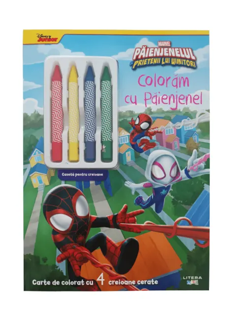 Coperta cărții Marvel. Paienjenelul si prietenii lui uimitori. Coloram cu Paienjenel. Carte de colorat cu 4 creioane cerate