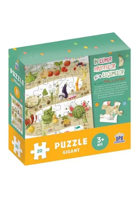 Coperta cărții În lumea fructelor și a legumelor cu micul cățel de usturoi. Puzzle gigant