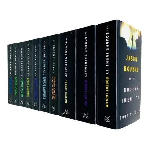 Coperta cărții The Bourne Trilogy Series Collection Robert Ludlum 10 Books Set (The Bourne Imperative, The Bourne Legacy, The Bourne Supremacy, The Bourne Ultimatum, The Bourne Identity, The Bourne Objective, The Bourne Sanction, Deception, Betrayal, Dominion)