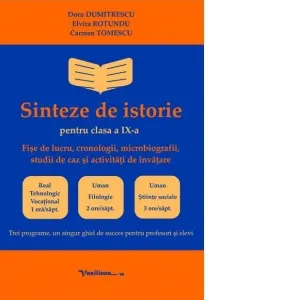 Coperta cărții Sinteze de istorie pentru clasa a IX-a. Fise de lucru, cronologii, microbiografii, studii de caz si activitati de invatare