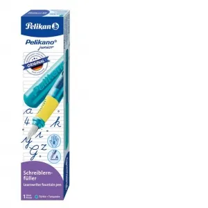 Coperta cărții Stilou Pelikano Junior, penita A pentru dreptaci, grip ergonomic, culoare turcoaz