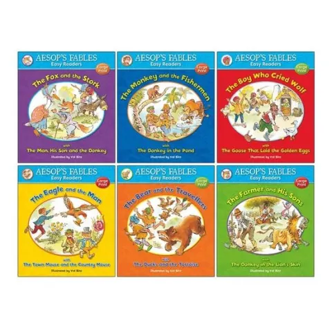 Coperta cărții Aesop's Fables Easy Readers Collection 6 Books Set By Val Biro (The Fox and the Stork, The Monkey and the Fishermen, Boy Who Cried Wolf, Eagle and the Man, The Bear and the Travellers & More)