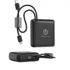 Coperta cărții Acumulator extern 10000mAh, 20W PD Fast Charging, cabluri incorporate Type-C si Lightning, PowerLocus, Black