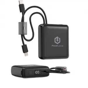 Coperta cărții Acumulator extern 10000mAh, 20W PD Fast Charging, cabluri incorporate Type-C si Lightning, PowerLocus, Black