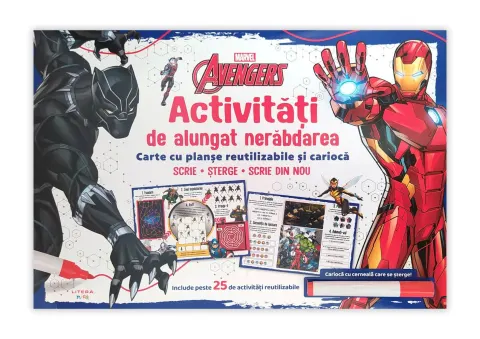 Coperta cărții Marvel. Avengers. Activitati de alungat nerabdarea. Carte cu planse reutilizabile si carioca