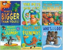 Coperta cărții Jeanne Willis and Thomas Taylor 6 Books Collection Set (Mine's Bigger than Yours, The Pets You Get, I'm Sure I Saw a Dinosaur, Ready Steady Jump, That's Not Funny, Who's in the Loo?)