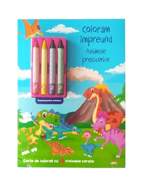 Coperta cărții Coloram impreuna. Animale preistorice. Carte de colorat cu 4 creioane cerate