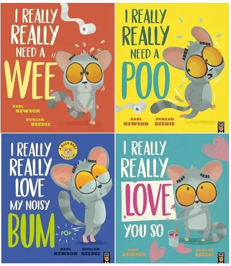 Coperta cărții Bush Baby Adventures 4 Books Set By Karl Newson, Duncan Beedie (i Really Really Need A Wee, Need A Poo, Love My Noisy Bum, Love You So)