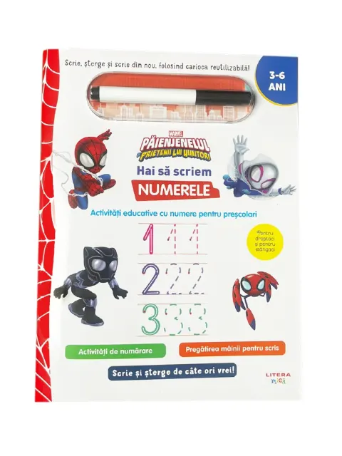 Coperta cărții Marvel. Păienjenelul și prietenii lui uimitori. Scrie și șterge. Hai să scriem numerele