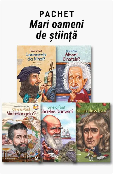 Coperta cărții Pachet Mari oameni de știință. Cine a fost Leonardo da Vinci?/Cine a fost Albert Einstein?/Cine a fost Michelangelo?/Cine a fost Charles Darwin?/Cine a fost Isaac Newton?
