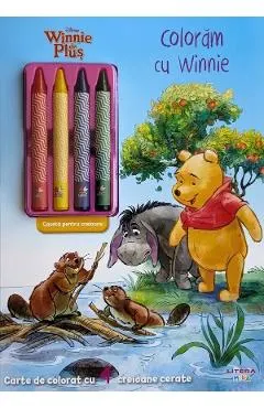 Coperta cărții Disney Winnie de plus. Coloram cu Winnie. Carte de colorat cu 4 creioane cerate