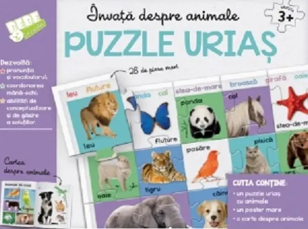 Coperta cărții Invata despre animale. Puzzle urias (28 de piese mari)