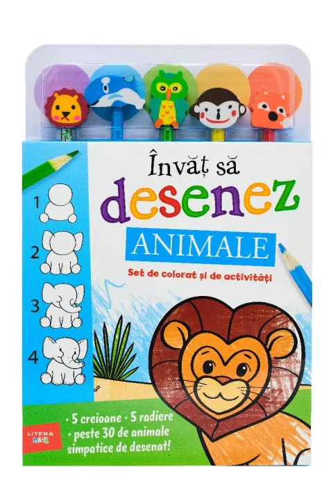 Coperta cărții Invat sa desenez. Animale. Set de colorat si de activitati (contine 5 creioane si 5 radiere)
