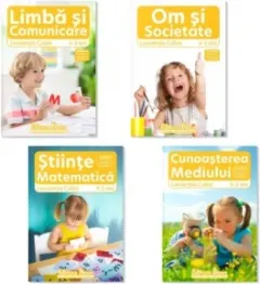 Coperta cărții Set 4 caiete, A4 grupa mijlocie 4-5 ani: 1. Domeniul Om si Societate; 2. Domeniul Stiinte: Cunoasterea mediului; 3. Domeniul Stiinte: Matematica; 4. Domeniul Limba si Comunicare