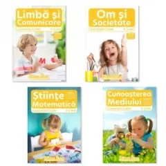 Coperta cărții Set 4 caiete, A4 grupa mijlocie 4-5 ani: 1. Domeniul Om si Societate; 2. Domeniul Stiinte: Cunoasterea mediului; 3. Domeniul Stiinte: Matematica; 4. Domeniul Limba si Comunicare
