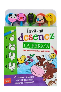 Coperta cărții Invat sa desenez. La ferma. Set de colorat și de activitati (contine 5 creioane si 5 radiere)