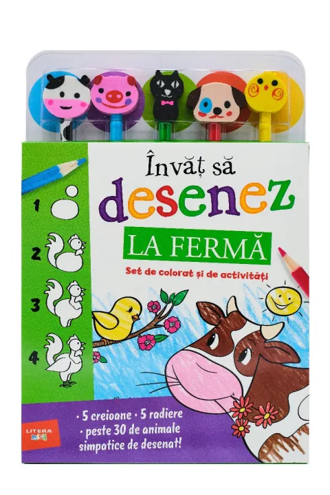 Coperta cărții Invat sa desenez. La ferma. Set de colorat și de activitati (contine 5 creioane si 5 radiere)