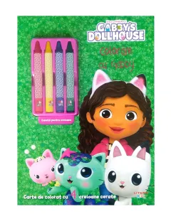 Coperta cărții Gabby's Dollhouse. Coloram cu Gabby. Carte de colorat cu 4 creioane cerate