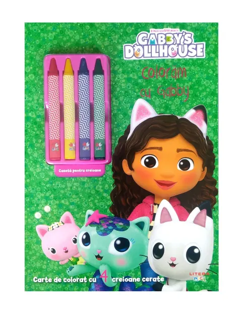 Coperta cărții Gabby's Dollhouse. Coloram cu Gabby. Carte de colorat cu 4 creioane cerate