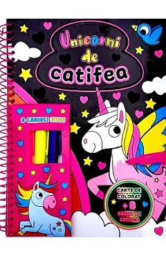 Coperta cărții Unicorni de catifea. Carte de colorat + 3 carioci neon