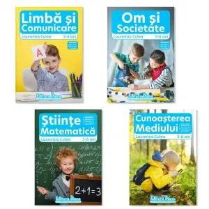 Coperta cărții Set patru carti, A4, grupa mare 5-6 ani: 1. Domeniul Om si Societate; Domeniul Stiinte, Cunoasterea mediului; 2. Domeniul Stiinte, Matematica; Domeniul Limba si Comunicare