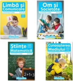 Coperta cărții Set patru carti, A4, grupa mare 5-6 ani: 1. Domeniul Om si Societate; Domeniul Stiinte, Cunoasterea mediului; 2. Domeniul Stiinte, Matematica; Domeniul Limba si Comunicare