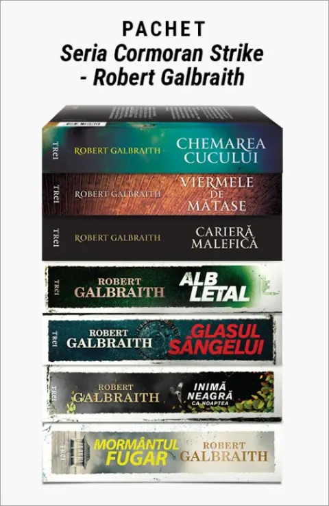 Coperta cărții Pachet Seria Cormoran Strike - Robert Galbraith. Mormântul fugar/Inimă neagră ca noaptea/Glasul sângelui/Alb letal/Carieră malefică/Viermele de mătase/Chemarea cucului