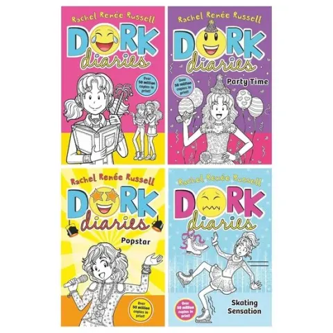 Coperta cărții Dork Diaries Series (Book 1-4) By Rachel Renee Russell 4 Books Collection Set (Dork Diaries, Dork Diaries: Party Time, Dork Diaries: Pop Star & Dork Diaries: Skating Sensation)