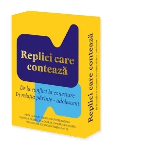 Coperta cărții Replici care conteaza. De la conflict la conectare in relatia parinte-adolescent. 98 de carduri create de Gaspar Gyorgy pentru a facilita dialogul si conexiunea sigura in familiile cu adolescenti (12 ani +)