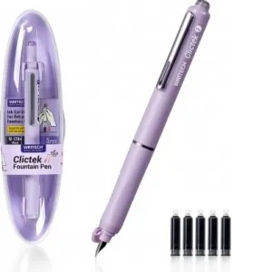 Coperta cărții Stilou retractabil Writech F, corp violet cu cutie cadou si 5 patroane cerneala albastre