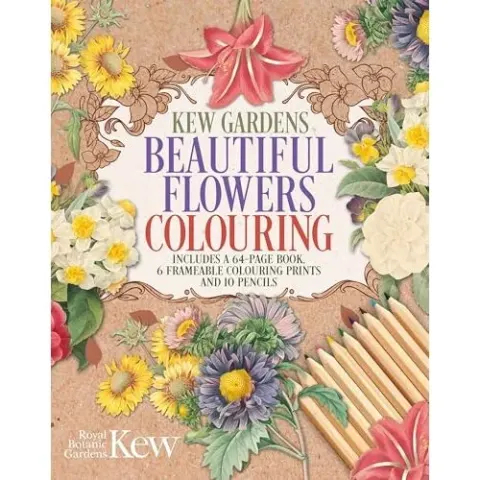 Coperta cărții The Kew Gardens Beautiful Flowers Colouring Kit - The Royal Botanic Gardens Kew.