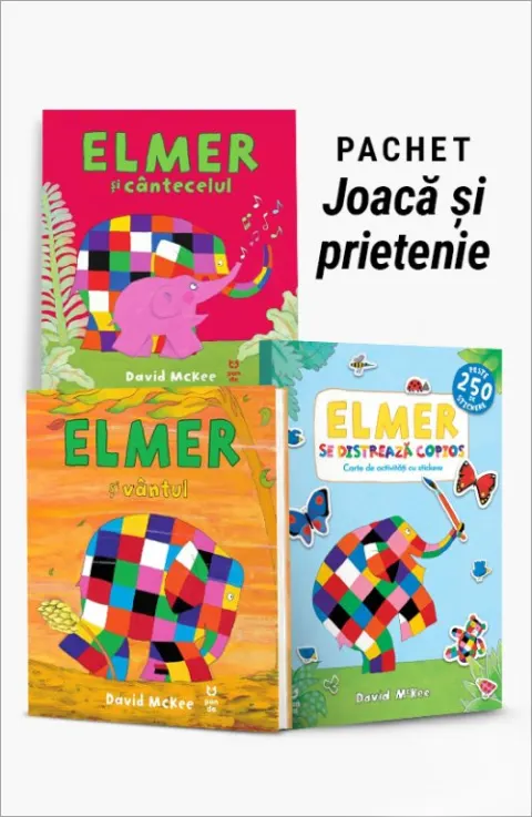 Coperta cărții Pachet Joacă și prietenie. Elmer și cântecelul/Elmer și vântul/Elmer se distrează copios - David McKee