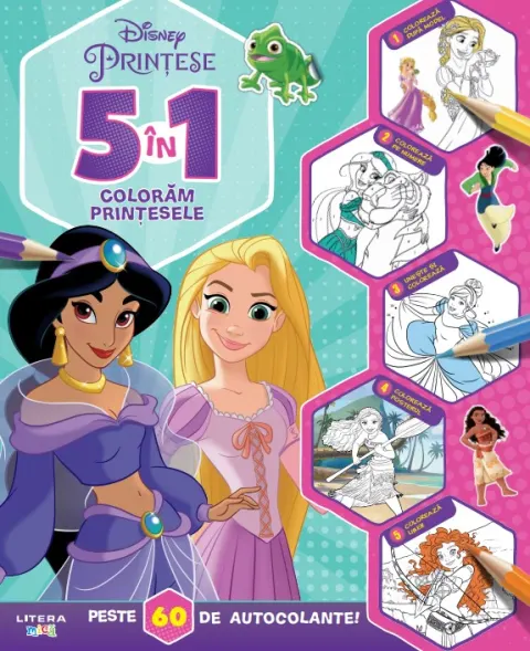 Coperta cărții Disney. Printese. 5 in 1. Coloram printesele. Peste 60 de autocolante!