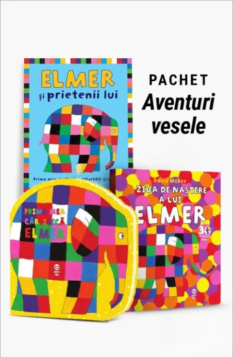 Coperta cărții Pachet Aventuri vesele. Elmer și prietenii lui/Prima mea cărticică Elmer/Ziua de naștere a lui Elmer - David McKee