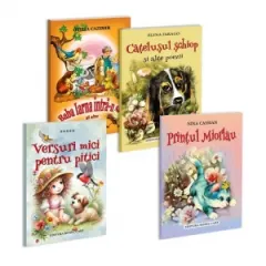 Coperta cărții Pachet Poezii ilustrate: 1. Baba iarna intra-n sat; 2. Catelusul schiop; 3. Printul miorlau; 4. Versuri mici pentru pitici