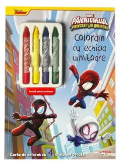 Coperta cărții Paienjenelul si prietenii lui uimitori. Coloram cu echipa uimitoare. Carte de colorat cu 4 creioane cerate
