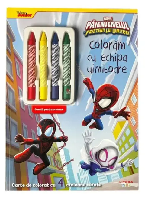 Coperta cărții Paienjenelul si prietenii lui uimitori. Coloram cu echipa uimitoare. Carte de colorat cu 4 creioane cerate